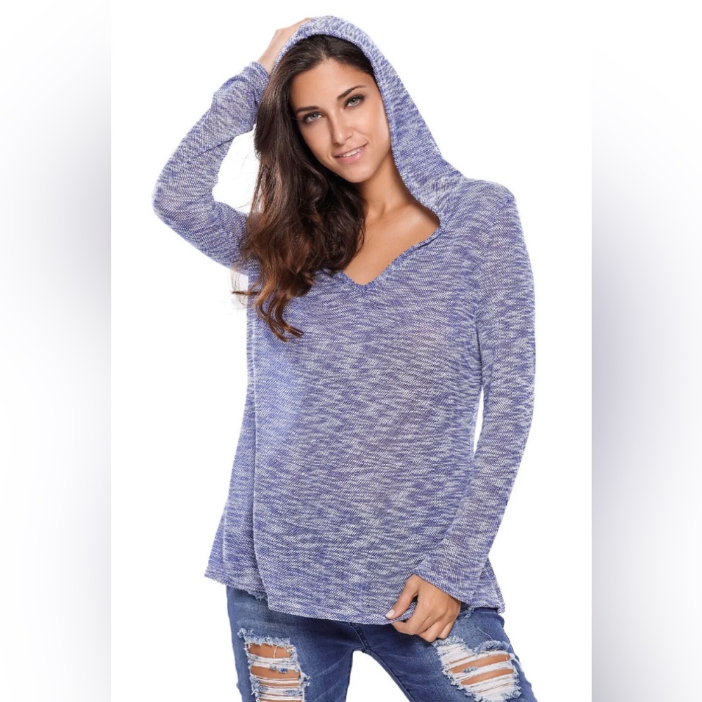 Women's Hood V-Neck Long Sleeve Knit Top Blue S Small NWT